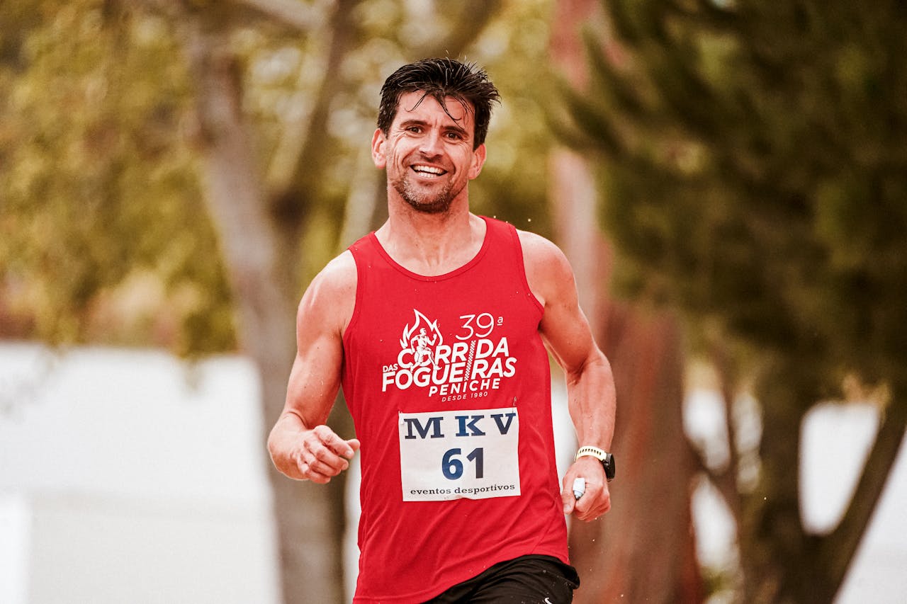 A joyful runner competes in an outdoor marathon event, showing a vibrant energy.